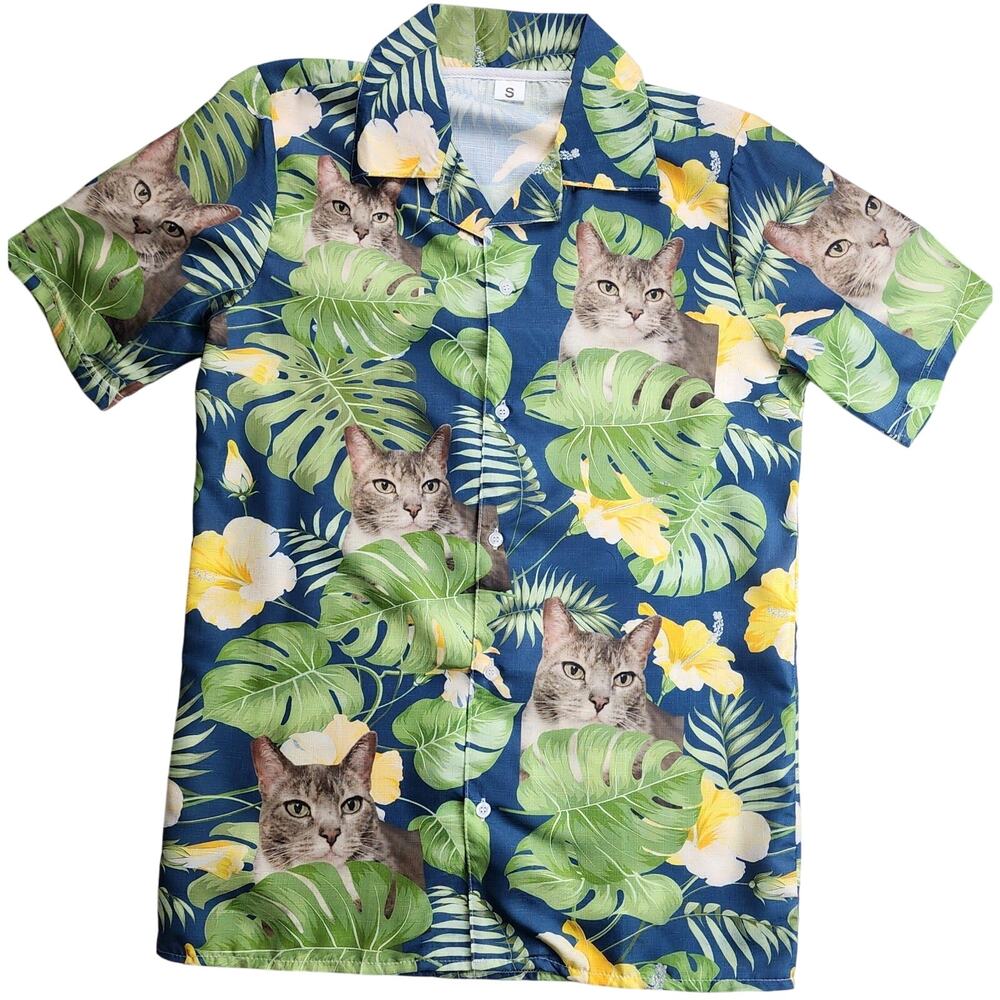 Collared Short Sleeve Shirt Fun Floral Design with Cats Small